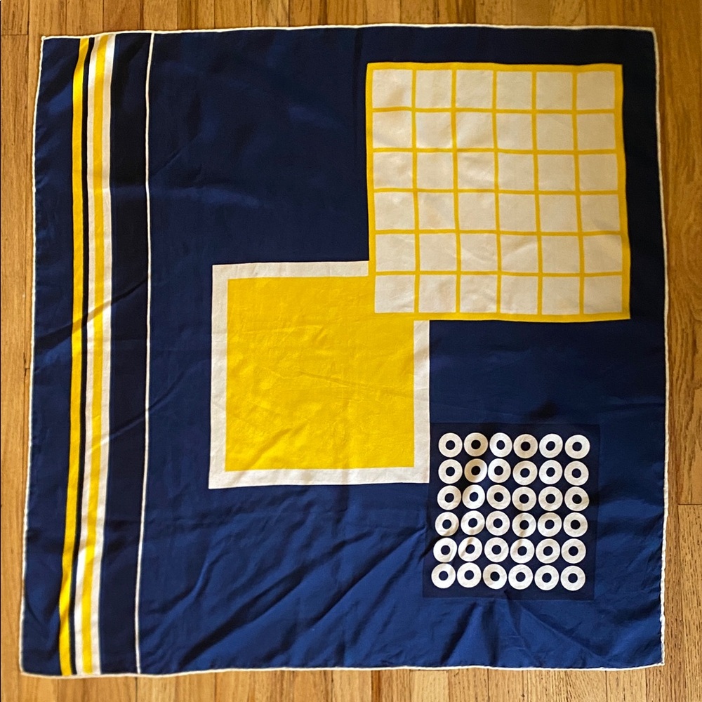 Vintage Designer Silk Navy Blue and Yellow Geometric Scarf